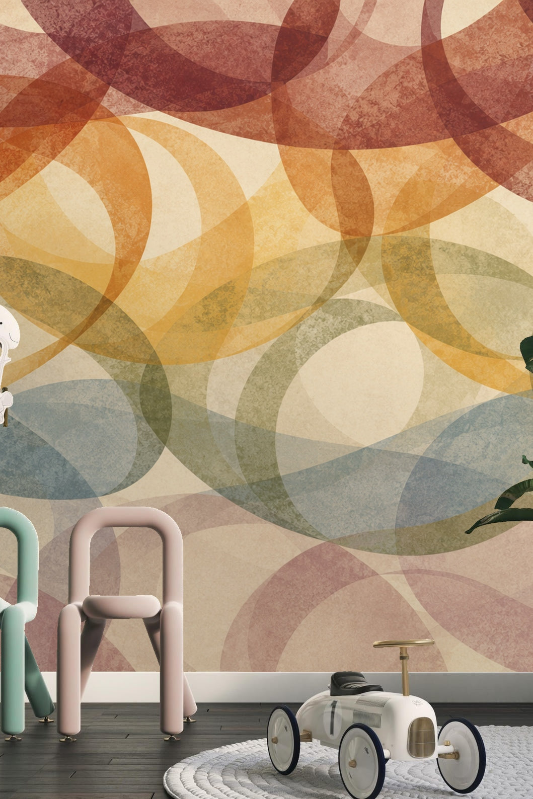 Detail showing stained texture and varying arc translucency of multicolored overlapping elliptical wallpaper