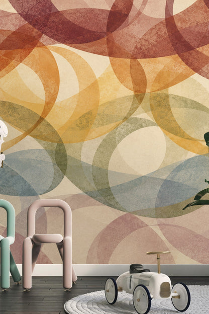 Detail showing stained texture and varying arc translucency of multicolored overlapping elliptical wallpaper