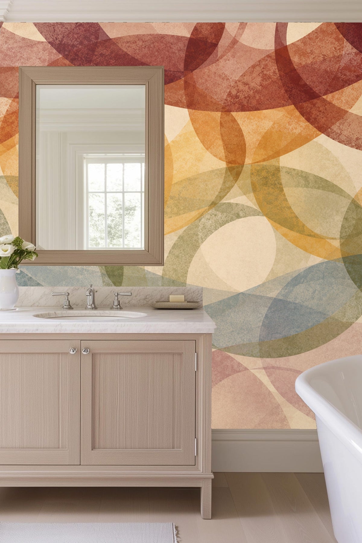 Softly blended elliptical arcs with a rough textured finish in warm earth tones
