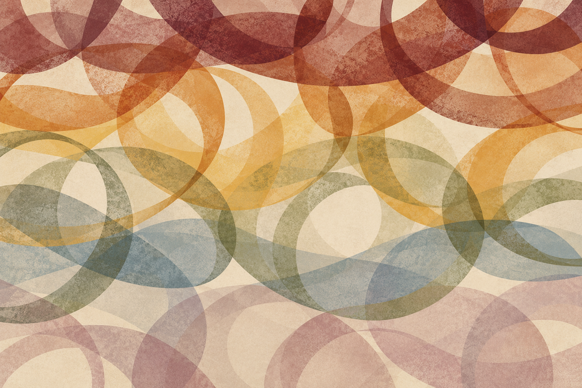 Wall close-up of softly textured multi-color elliptical arcs in warm terracotta and softened pastel hues