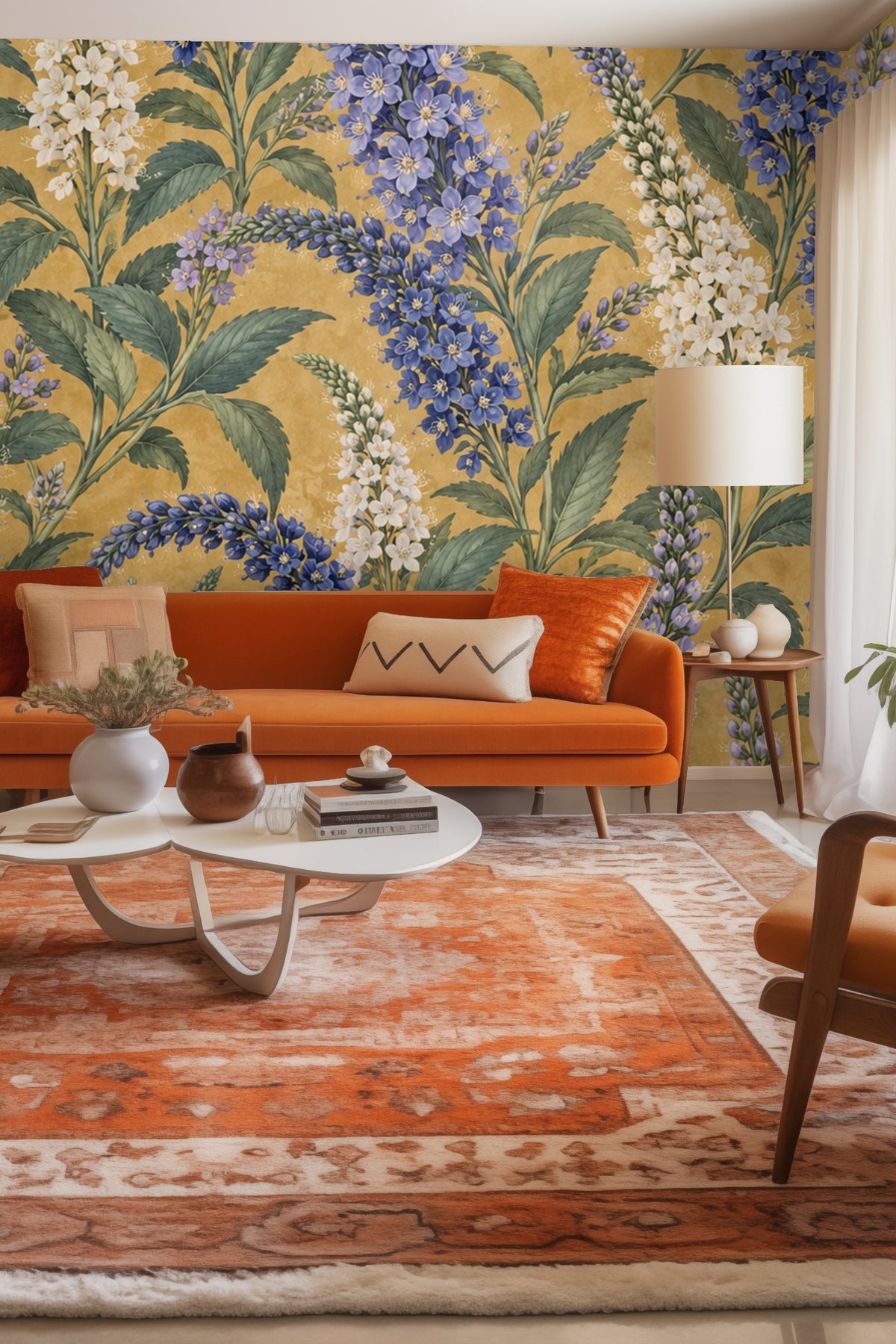 Wallpaper pattern detail featuring blue, lavender, and white delphinium floral spikes with green leaves on mustard background.