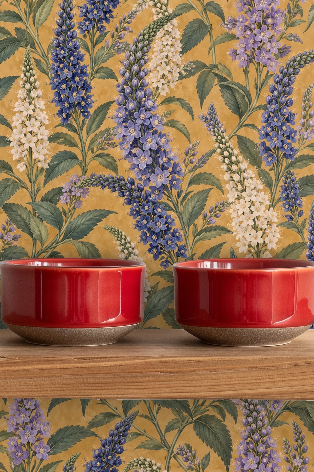 Close-up of botanical wallpaper showing floral spike clusters in a painterly style with botanical leaf detail.
