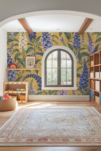 Side view of wallpapered wall with overlapping botanical floral spikes in shades of blue and cream, emphasizing texture and naturalistic art