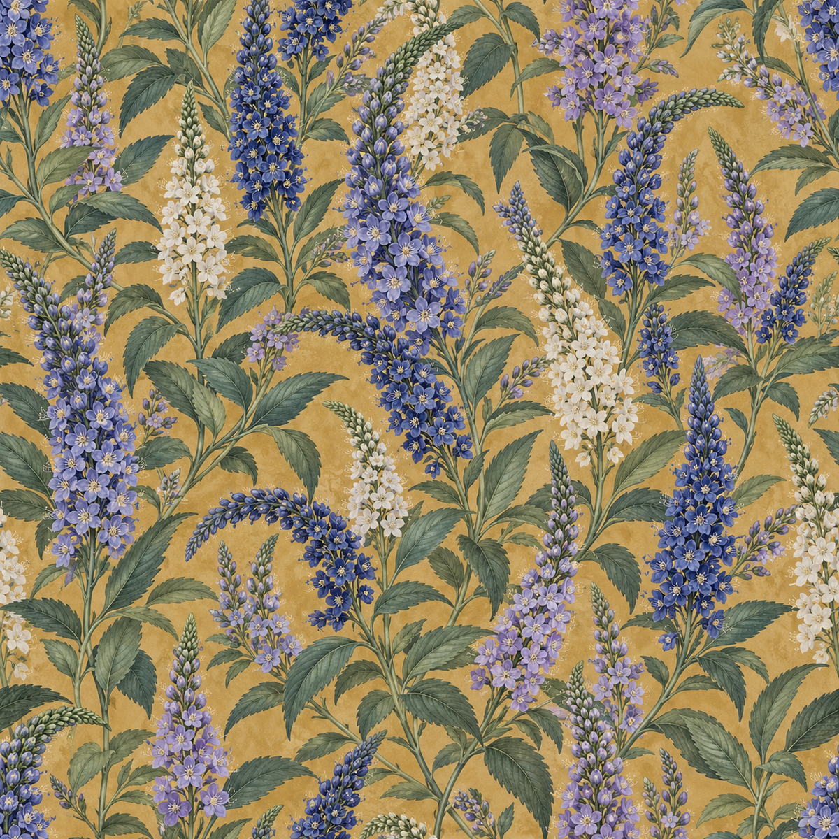 Interior wallpaper detail emphasizing painterly blue and purple flower spikes with textured yellow ochre backdrop.