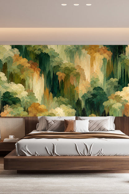 Original wallpaper artwork showing cascading foliage in greens, ochres, and cream tones.
