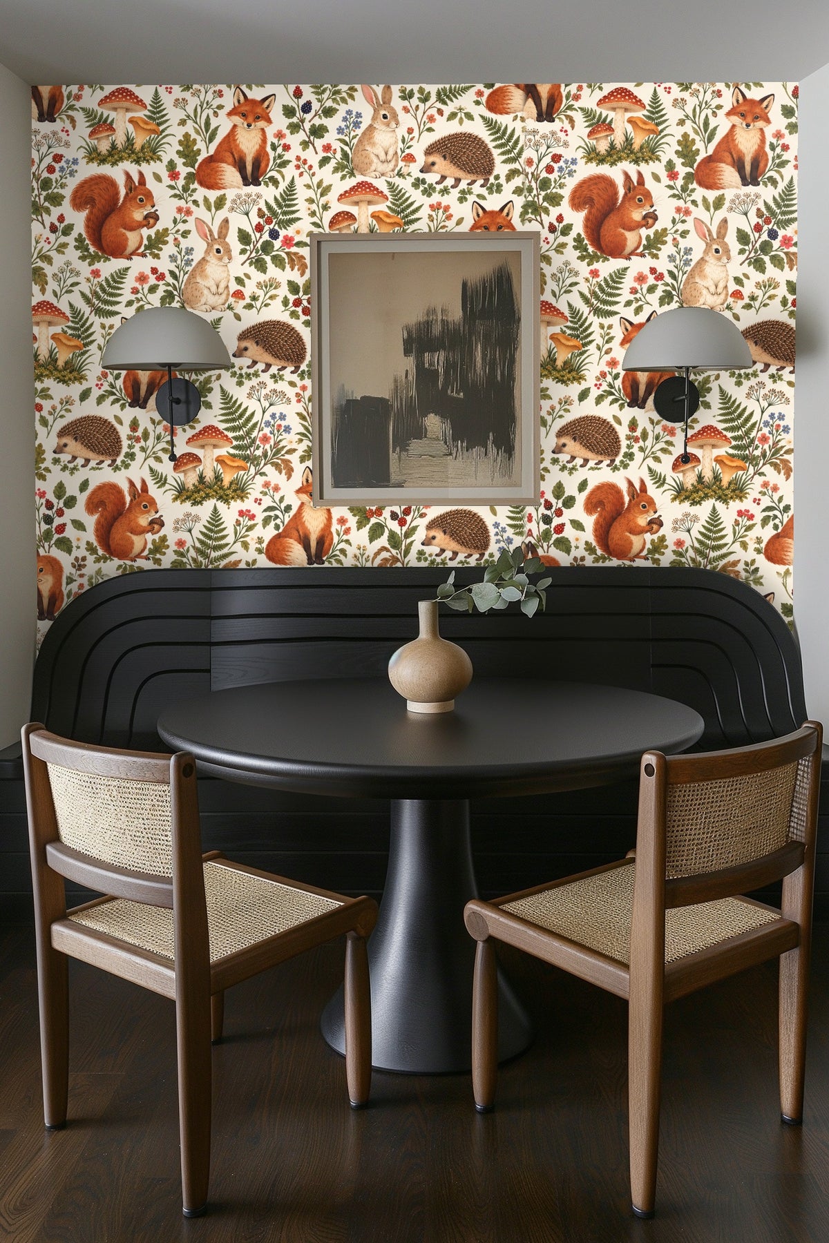 Rich rust and olive tones of squirrel fur and fern leaves on the Woodland Reverie pattern