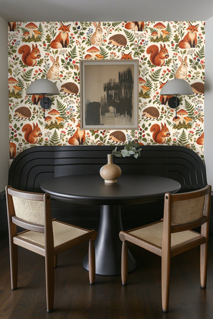 Rich rust and olive tones of squirrel fur and fern leaves on the Woodland Reverie pattern