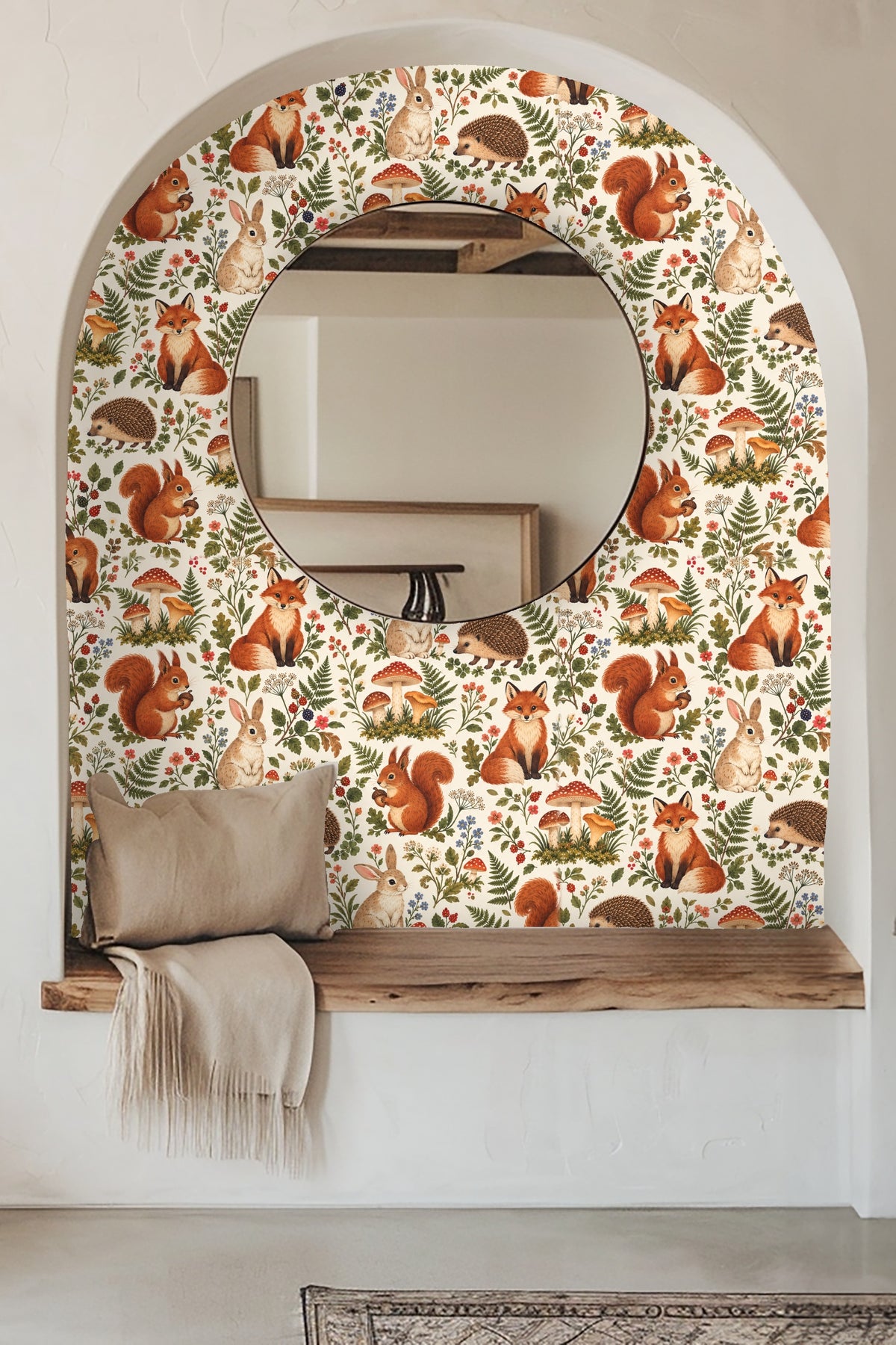 Pattern detail showing a fox calmly sitting among ferns and wildflowers in Woodland Reverie Wallpaper