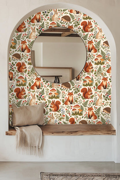 Pattern detail showing a fox calmly sitting among ferns and wildflowers in Woodland Reverie Wallpaper