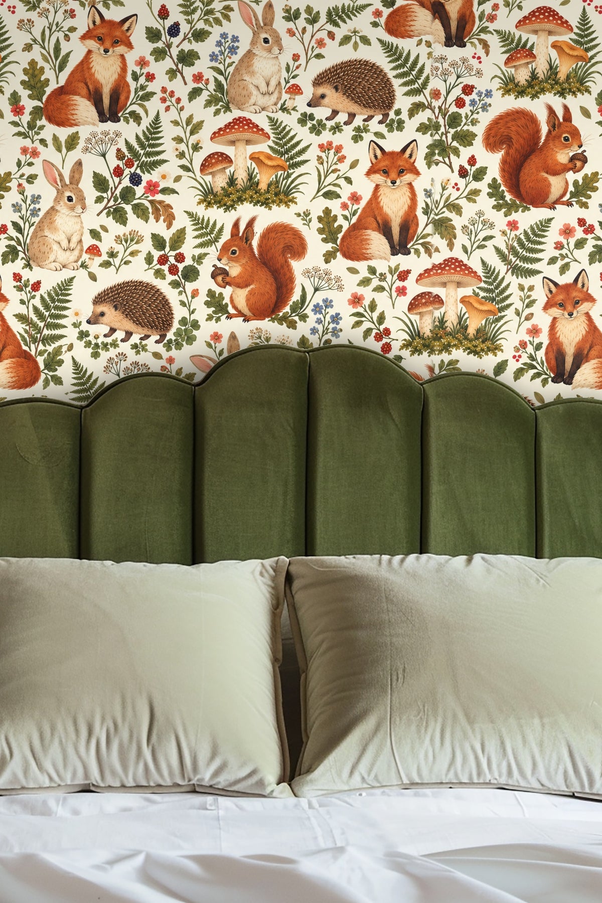 Woodland Reverie Wallpaper displayed in a kitchen setting with pitcher and dessert, highlighting warm animal and botanical motif