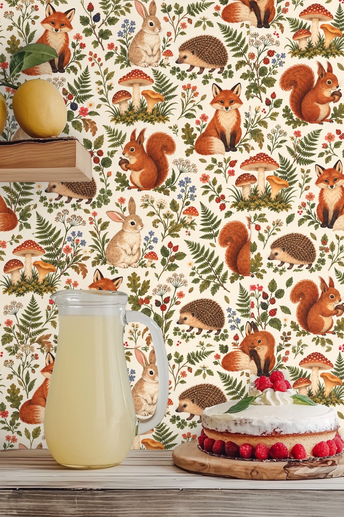 Close-up of Woodland Reverie Wallpaper original artwork featuring fox, rabbit, squirrel, hedgehog, mushrooms, and ferns on cream background
