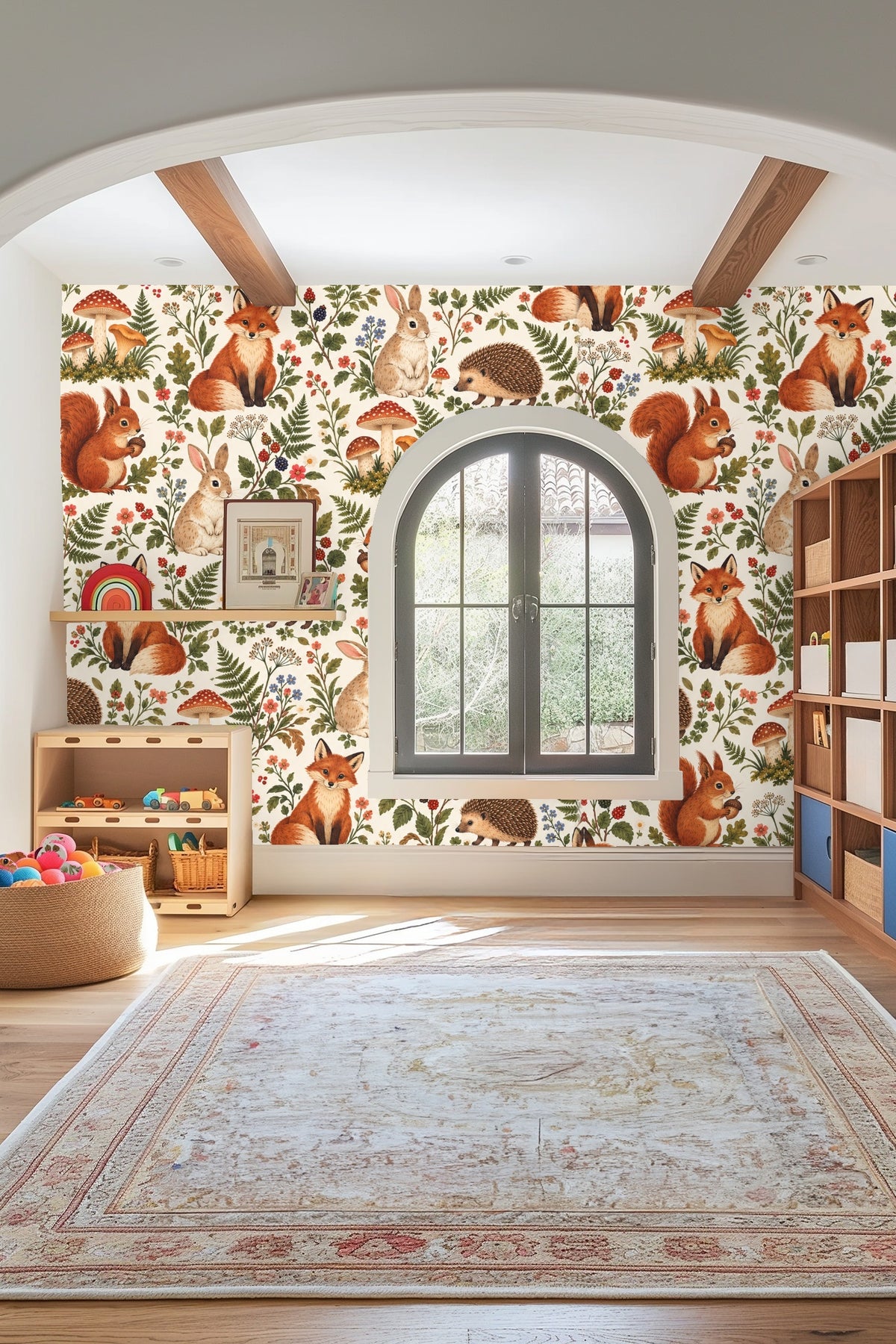 Eclectic mix of woodland creatures on wallpaper with squirrels holding acorns and colorful mushrooms