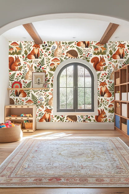 Eclectic mix of woodland creatures on wallpaper with squirrels holding acorns and colorful mushrooms