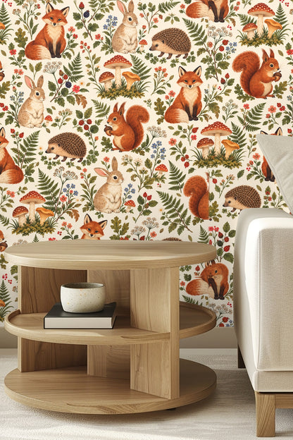 Bedroom scene with Woodland Reverie Wallpaper behind an olive green upholstered headboard, showing the repeating forest animal and floral n