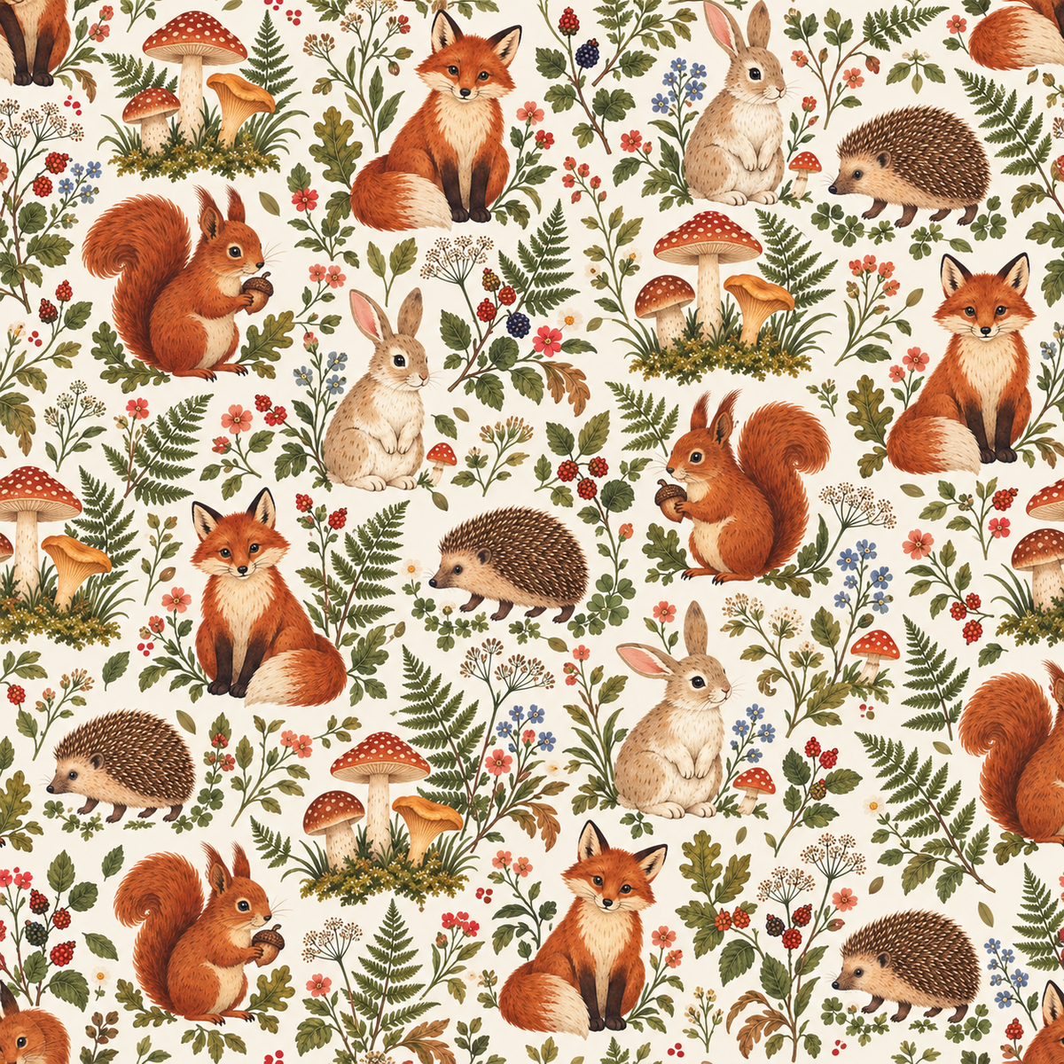 Full wallpaper repeat pattern showing charming foxes and rabbits interspersed with ferns and woodland flora