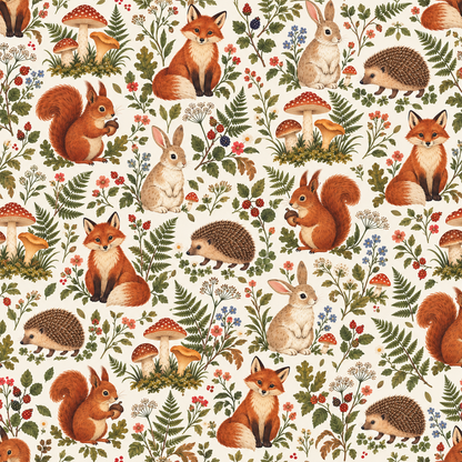 Full wallpaper repeat pattern showing charming foxes and rabbits interspersed with ferns and woodland flora