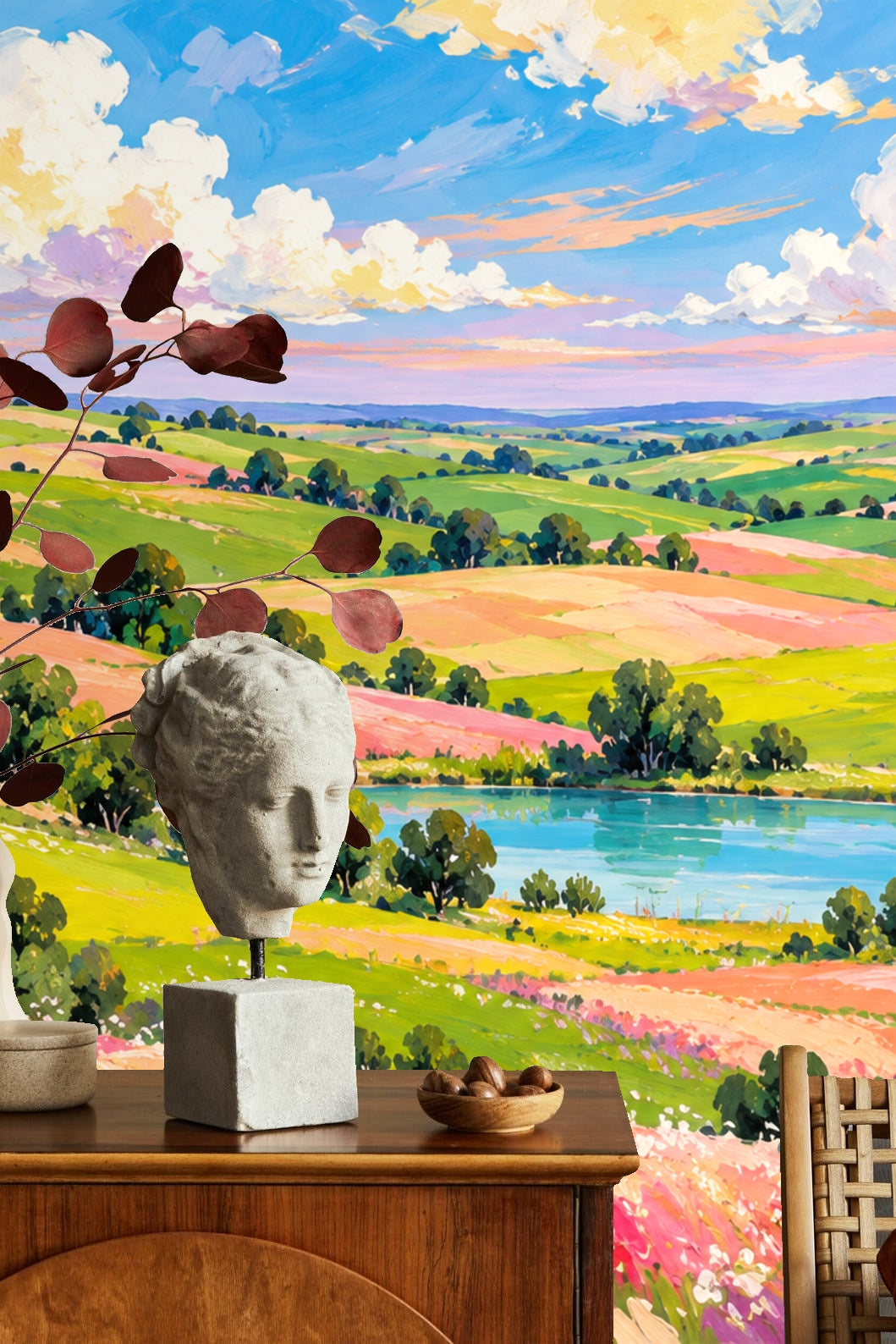 Wall mural showing expansive countryside with an aqua lake in the center