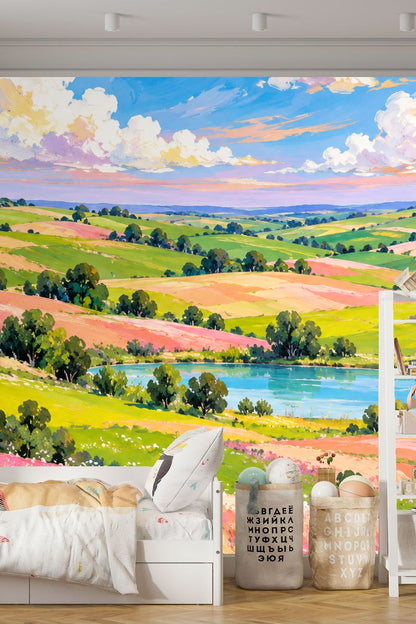 Child’s room decorated with wallpaper mural showing hills, lake, and clouds behind white bed and storage bags