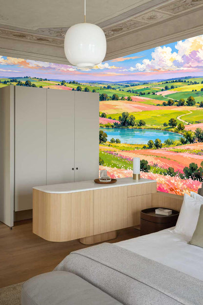 Scenic wallpaper mural providing a playful yet polished art-forward environment