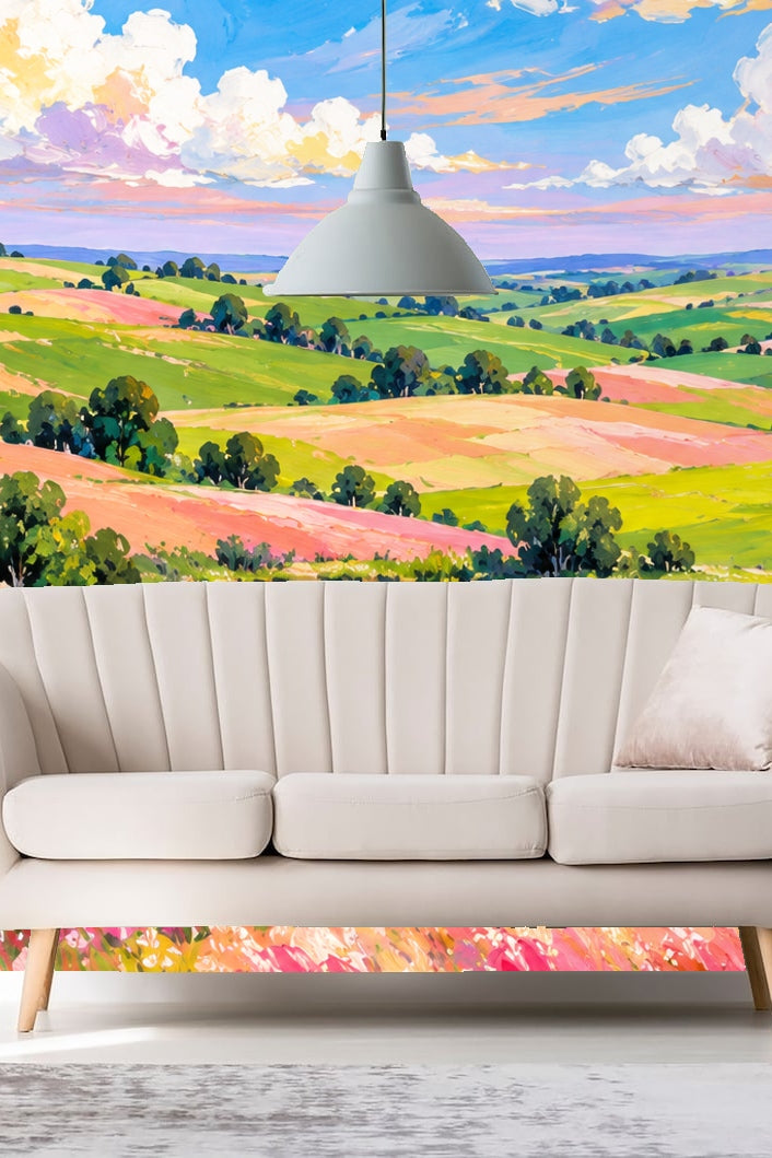 Colorful painterly landscape wallpaper featuring rolling fields, a lake, and a dramatic sky