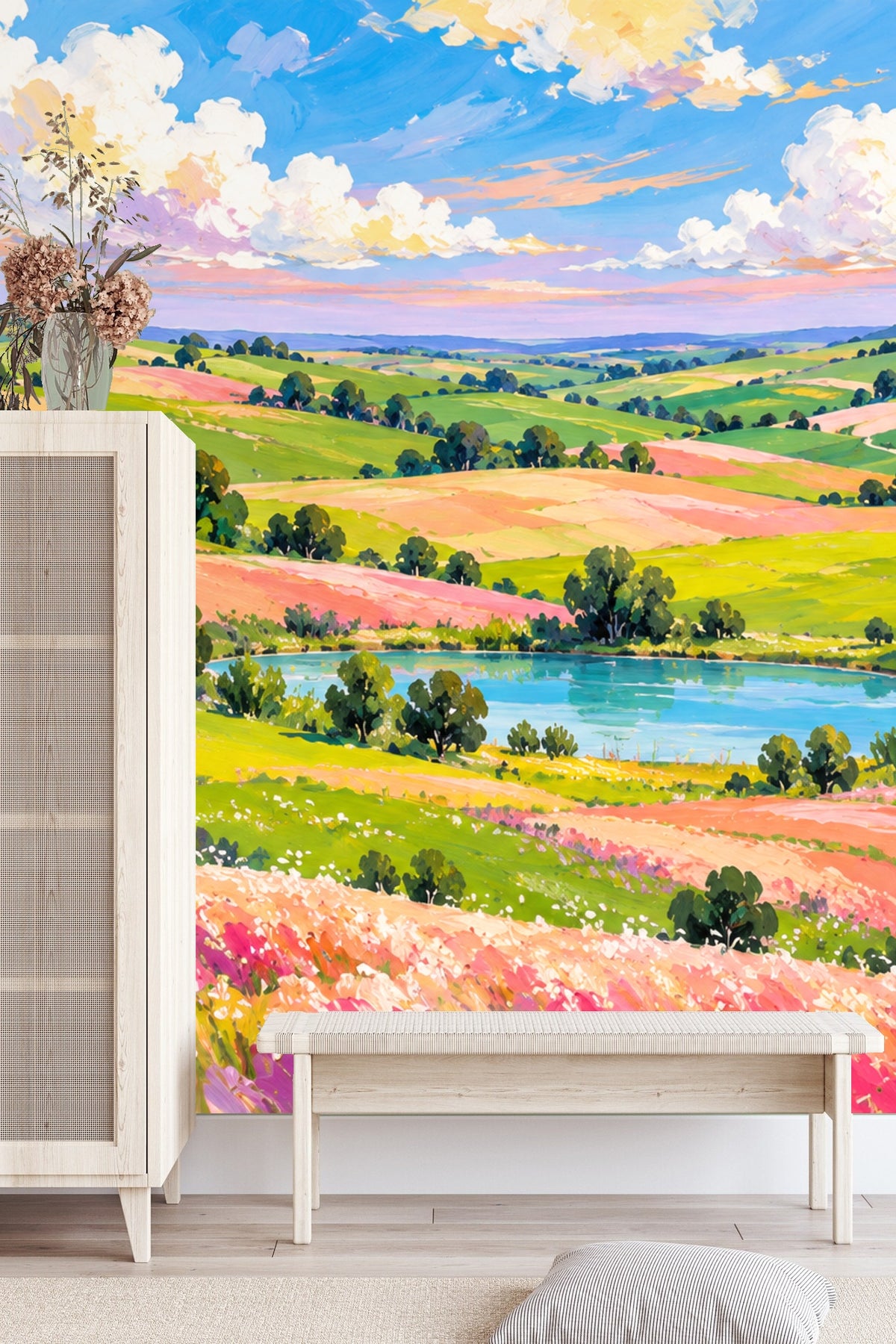 Decorated room highlighting the mural’s scale and immersive landscape effect