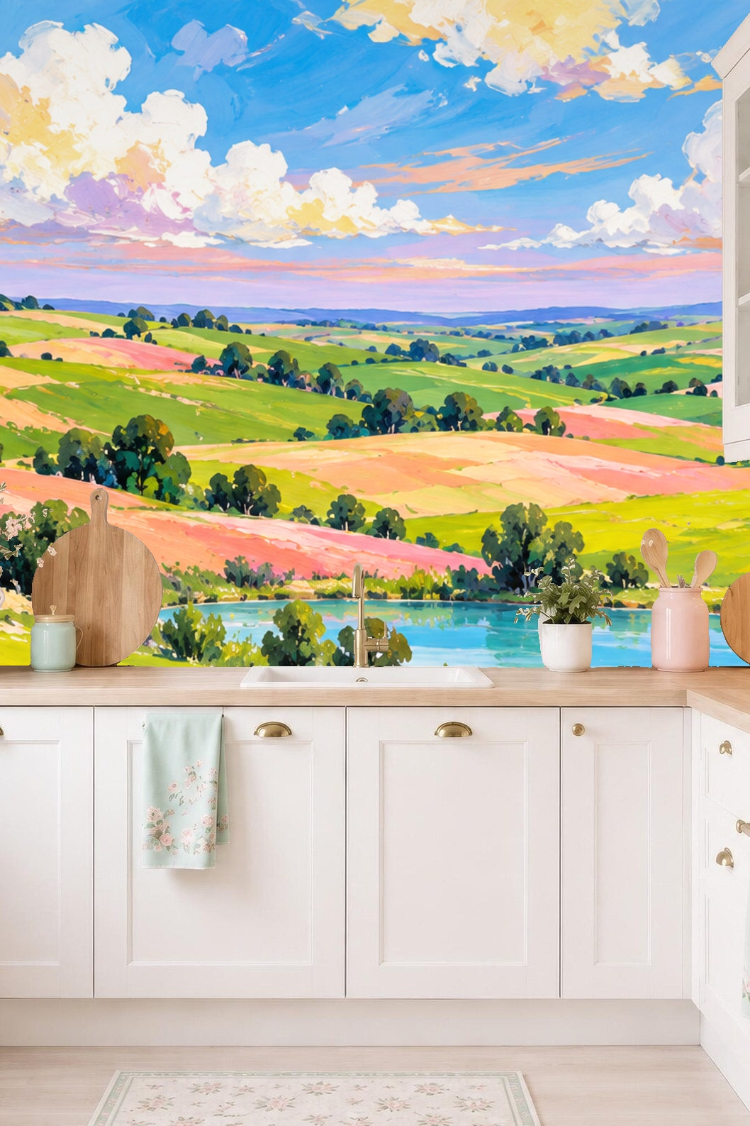 Wall mural with a horizon line fading into soft purples and blues