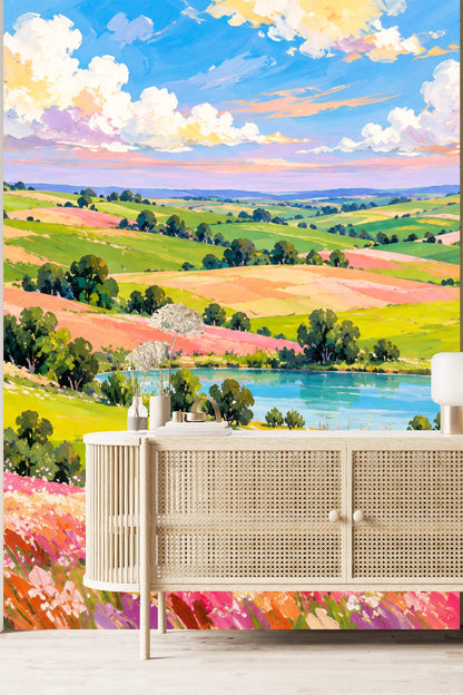 Section of mural showing winding path across colorful fields