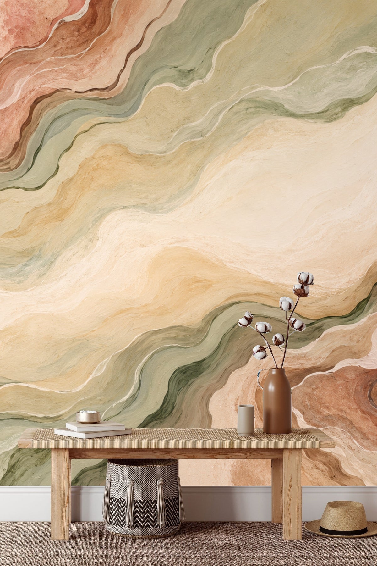 Close-up of wallpaper showing painterly mineral strata effect