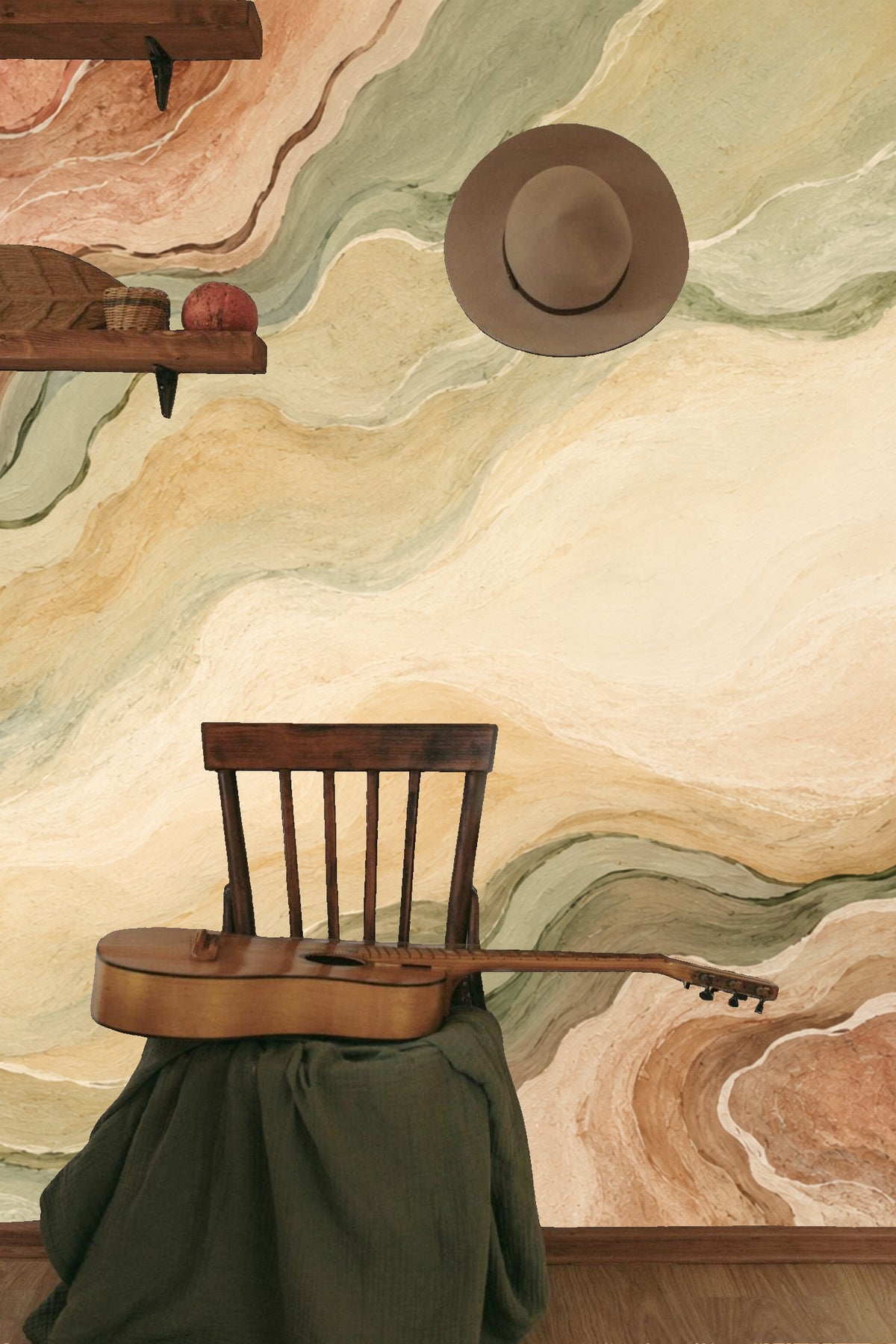 Wall mural with flowing ochre and rust color bands