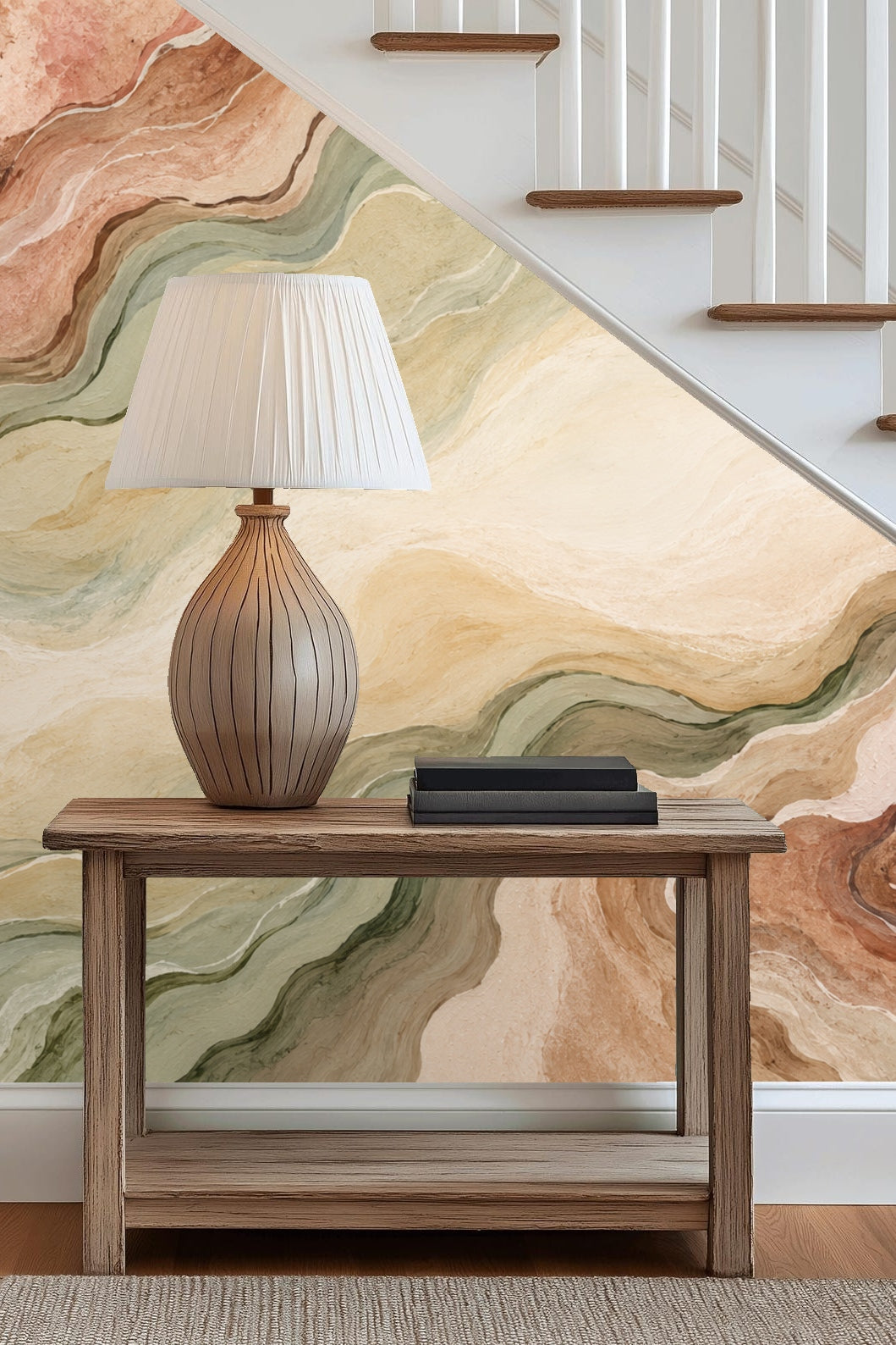 Swirling geological texture in warm terracotta and sage shades