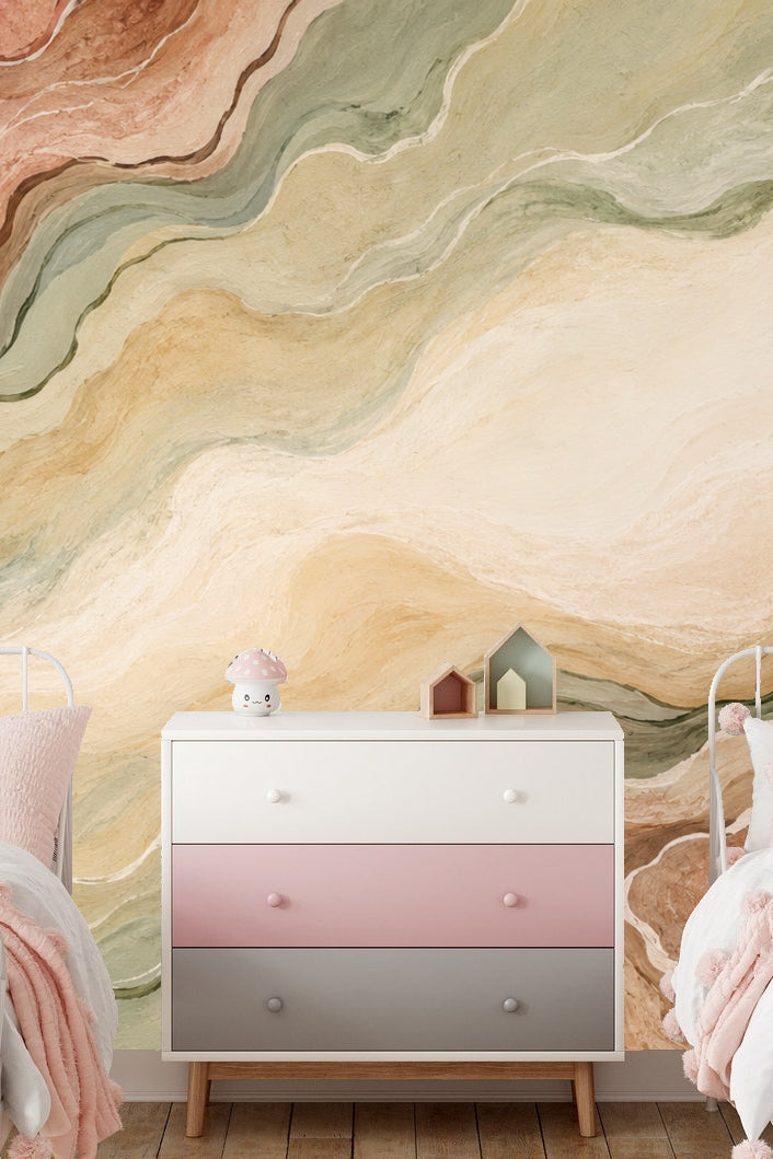 Rustic-toned wallpaper in a home office with wooden desk and plants