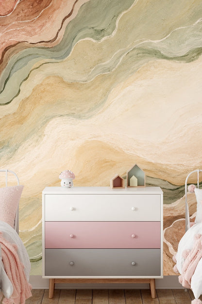 Rustic-toned wallpaper in a home office with wooden desk and plants