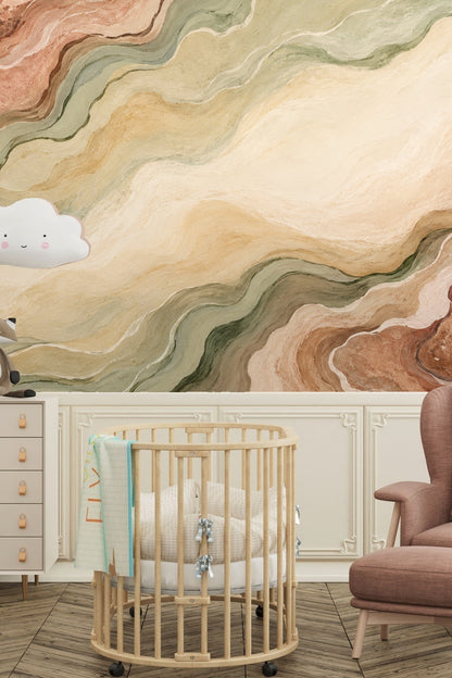 Layered earth-tone mural wallpaper behind a light wooden bench with decorative accents