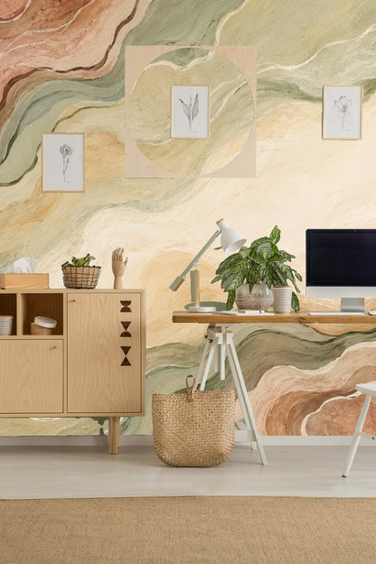 Abstract wallpaper with layered bands of ochre, green, and rust hues