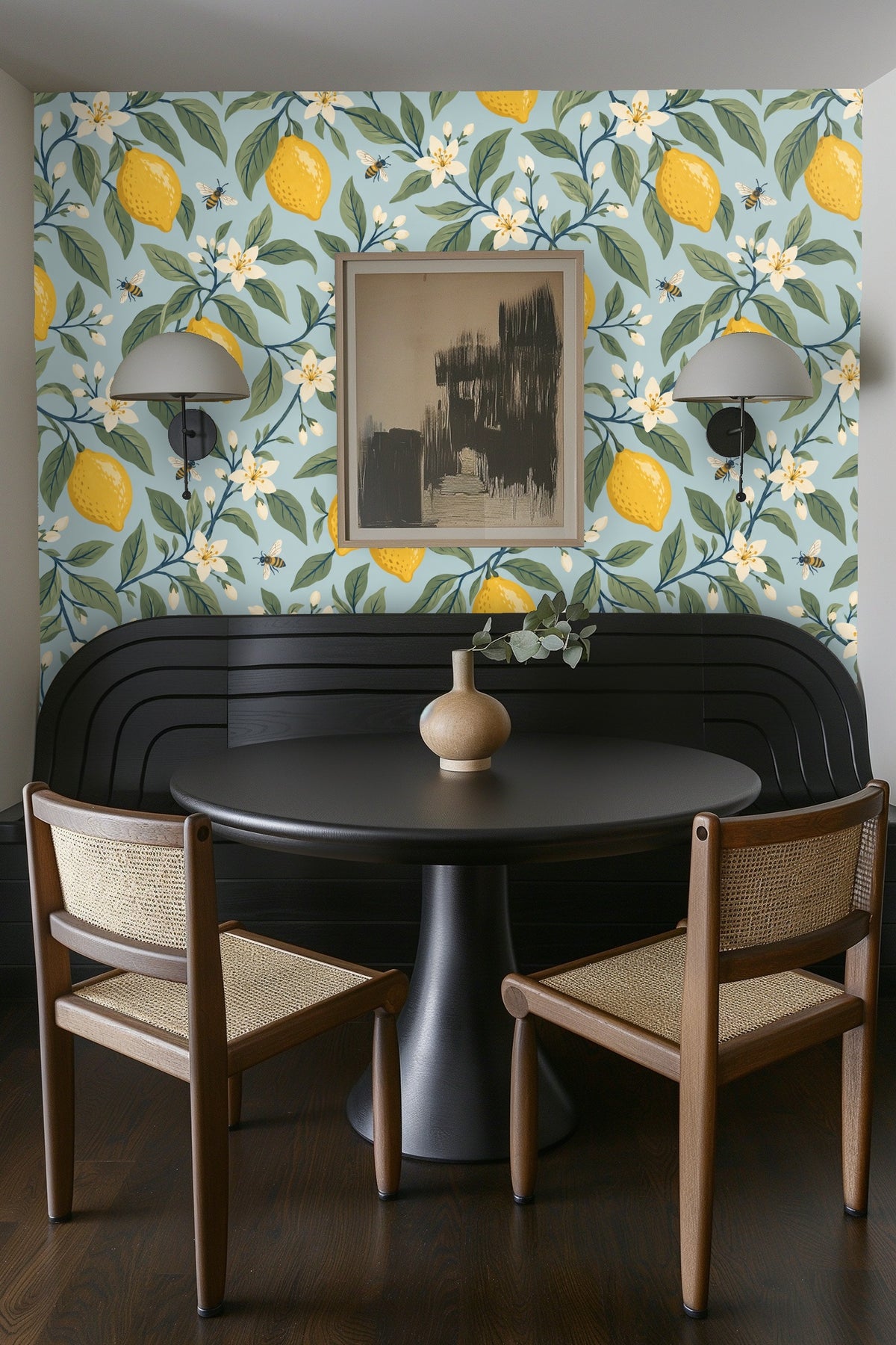 side view of bed with green headboard and lemon wallpaper backdrop