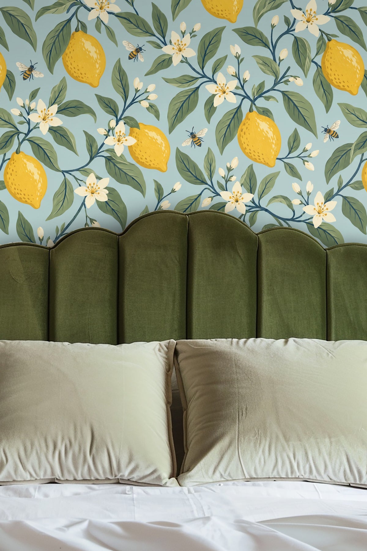 hand-painted wallpaper with yellow lemons and white flowers on blue background