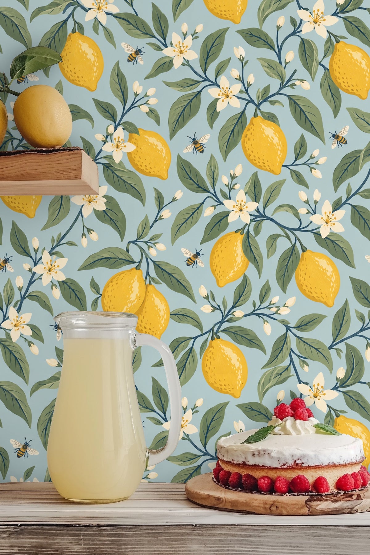 bees flying near white lemon blossoms on patterned wallpaper