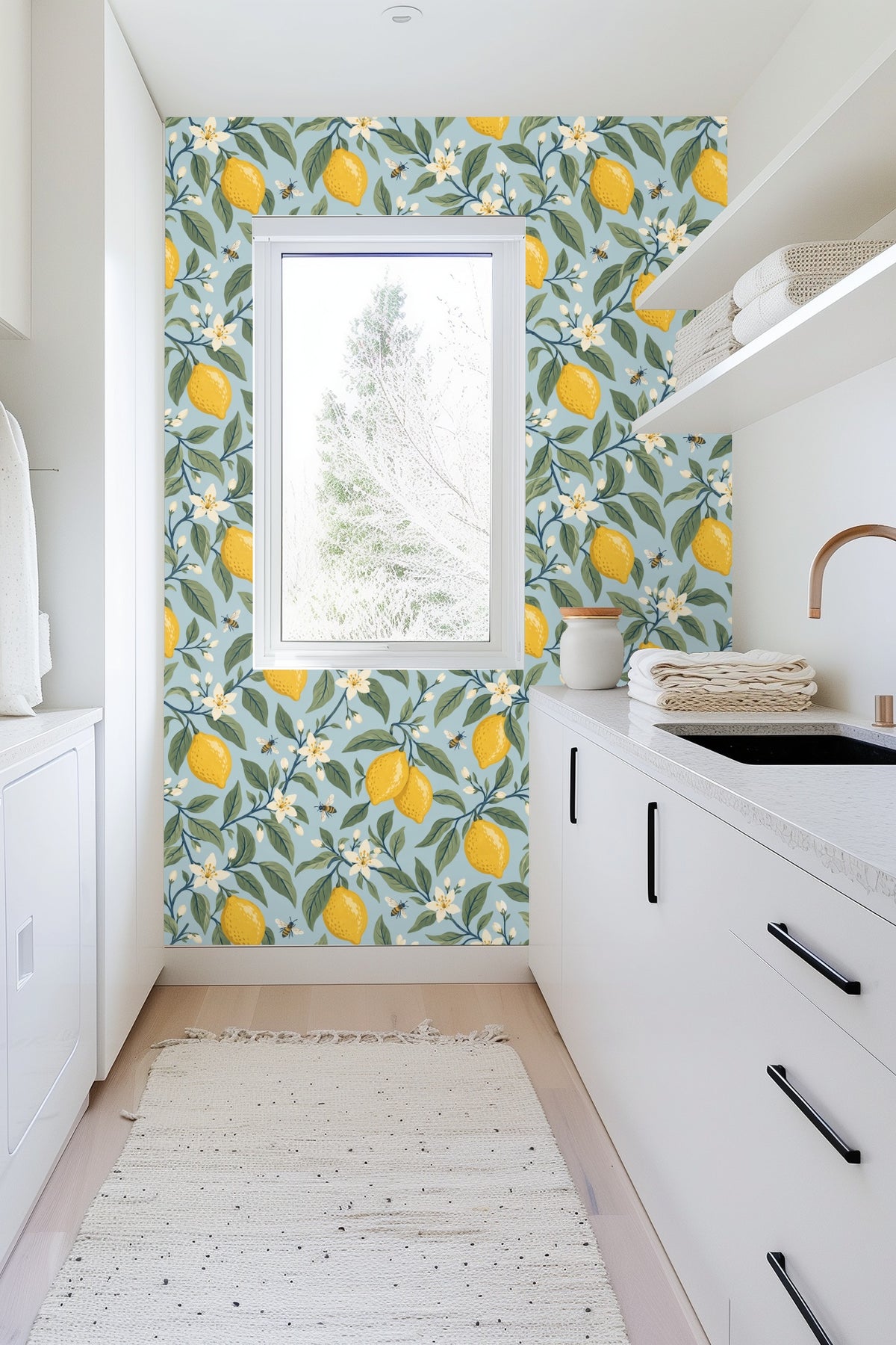 repeating botanical pattern of lemons and flowers on wallpaper