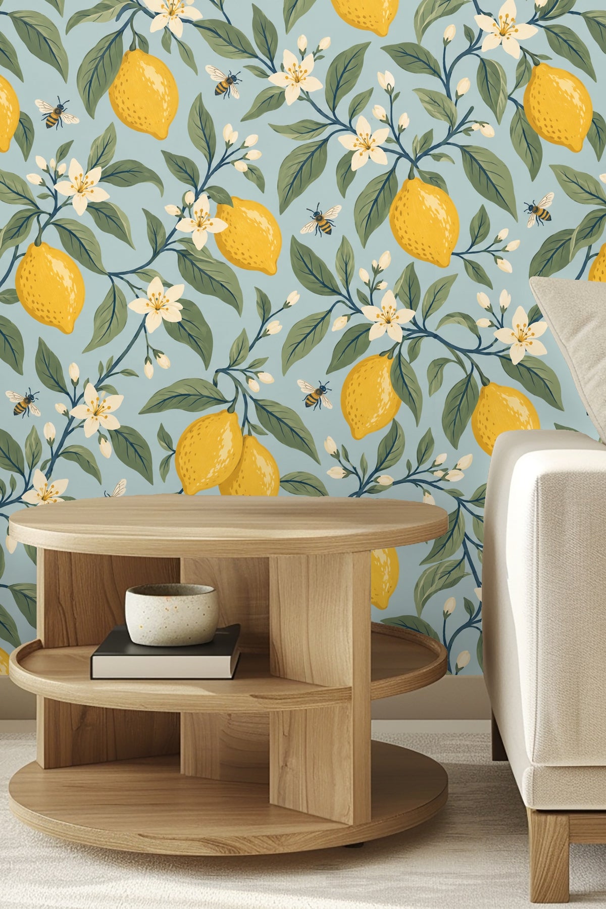 bedroom wall featuring lemon and bee wallpaper above green upholstered headboard