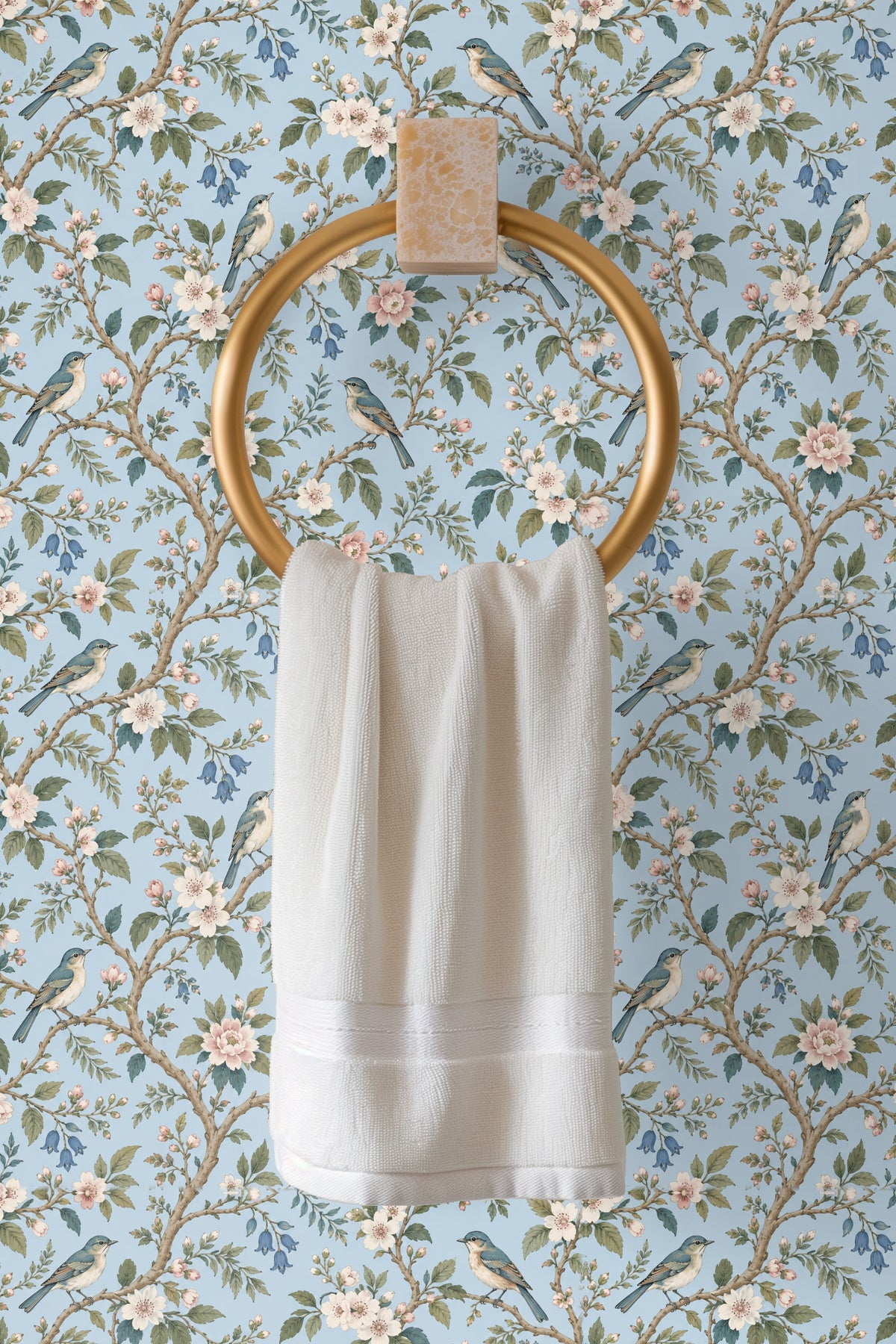 Wallpaper pattern showing clusters of blooming flowers and foliage