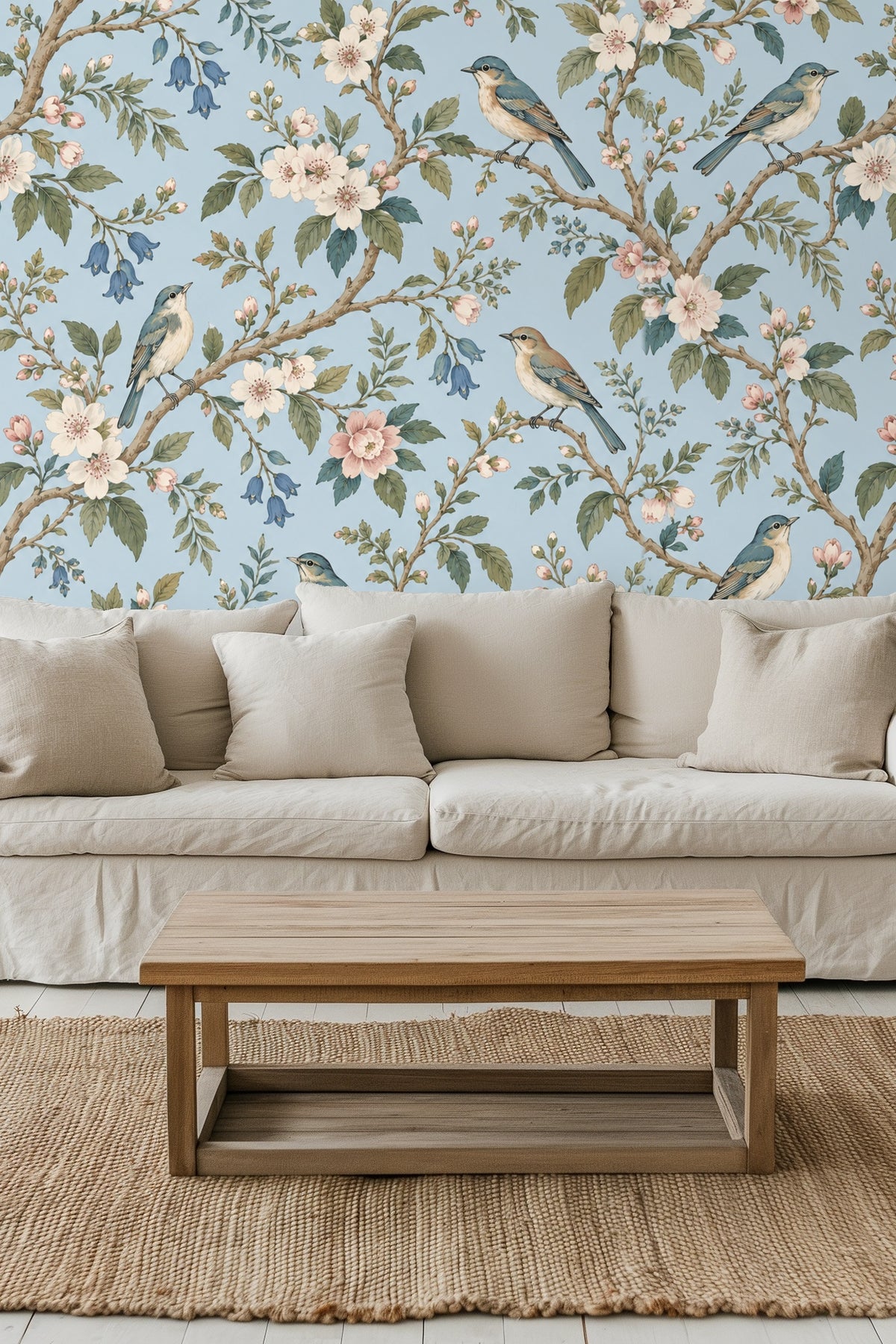 Wallpaper artwork featuring delicate bluebirds on blooming branches against a sky-blue background