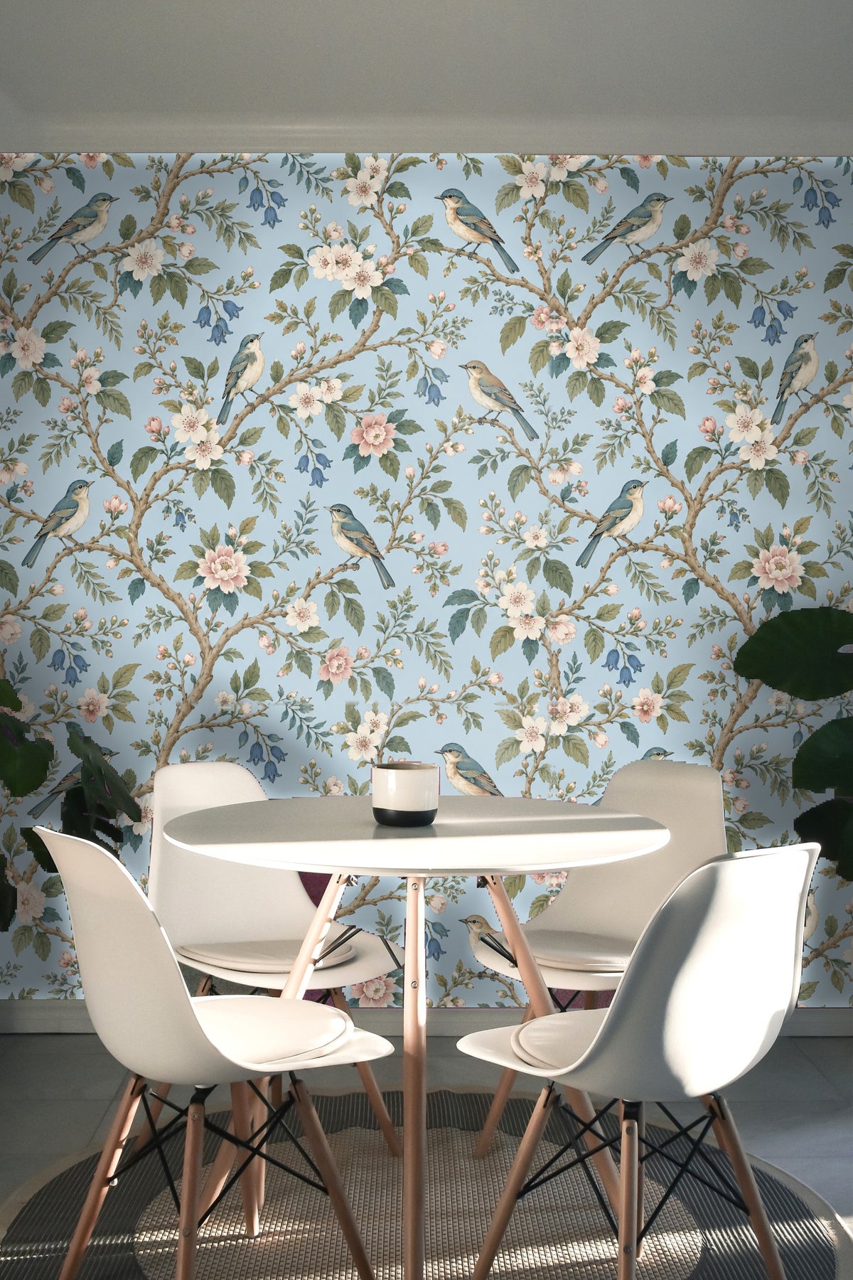 Section of wallpaper highlighting gentle pastel palette and natural motifs