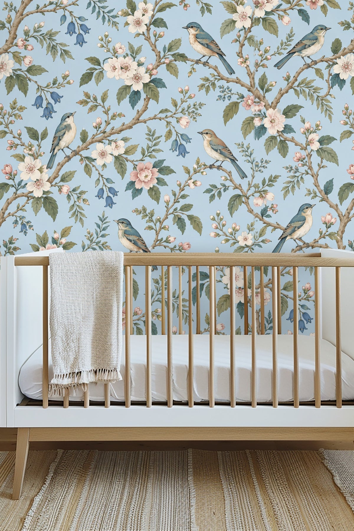 Bedroom setting showing Meadowbird Charm wallpaper behind a green upholstered bed with pastel cushions