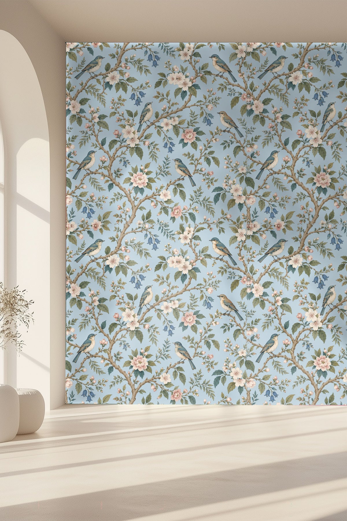 Detail of small bluebell flowers and branches in the wallpaper pattern