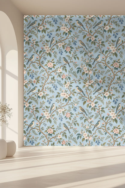 Detail of small bluebell flowers and branches in the wallpaper pattern