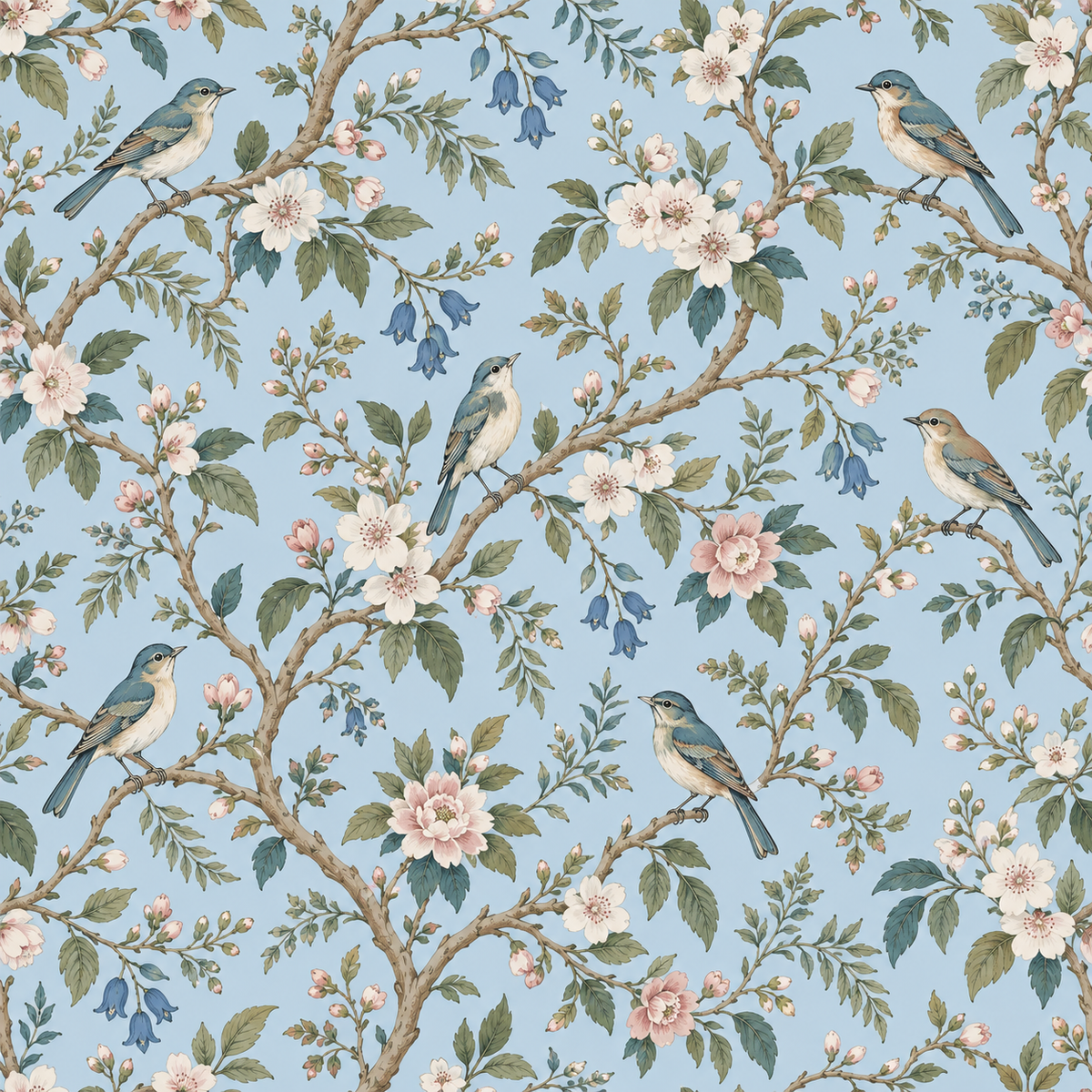 Artwork illustrating vintage botanical style with detailed foliage and birds