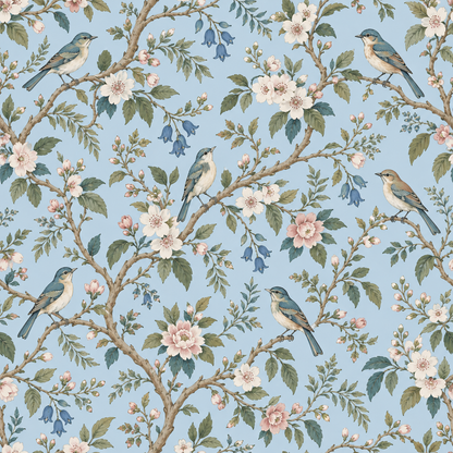 Artwork illustrating vintage botanical style with detailed foliage and birds