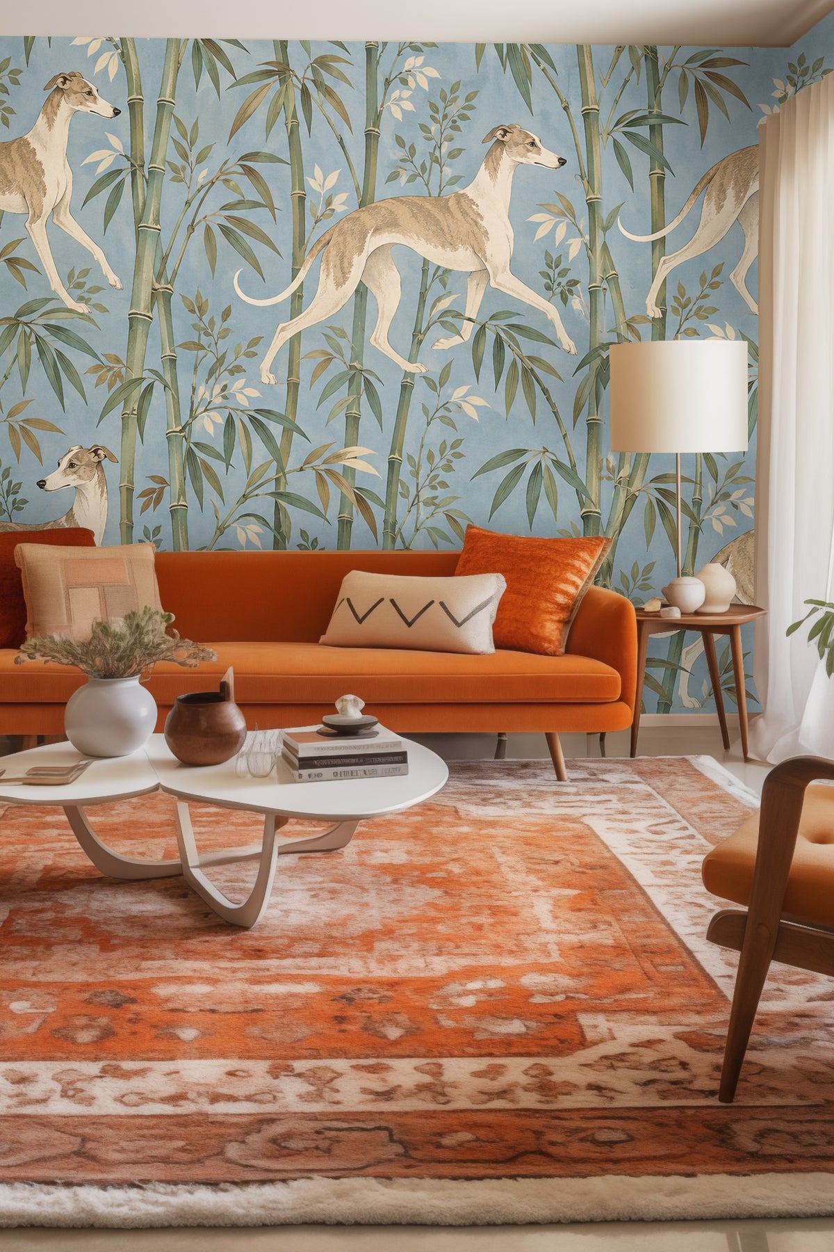 Room corner view showing wallpaper behind dog bed and soft natural lighting