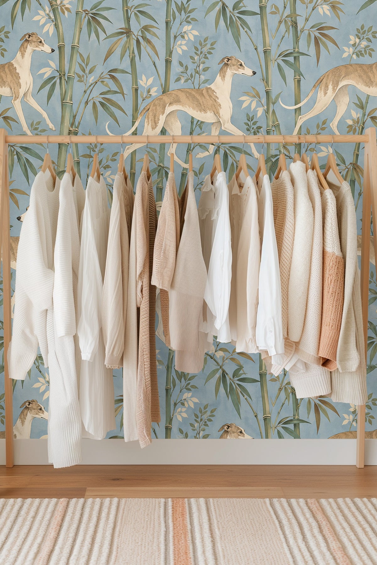 Segment of wallpaper pattern focusing on bamboo stalks and beige leaves