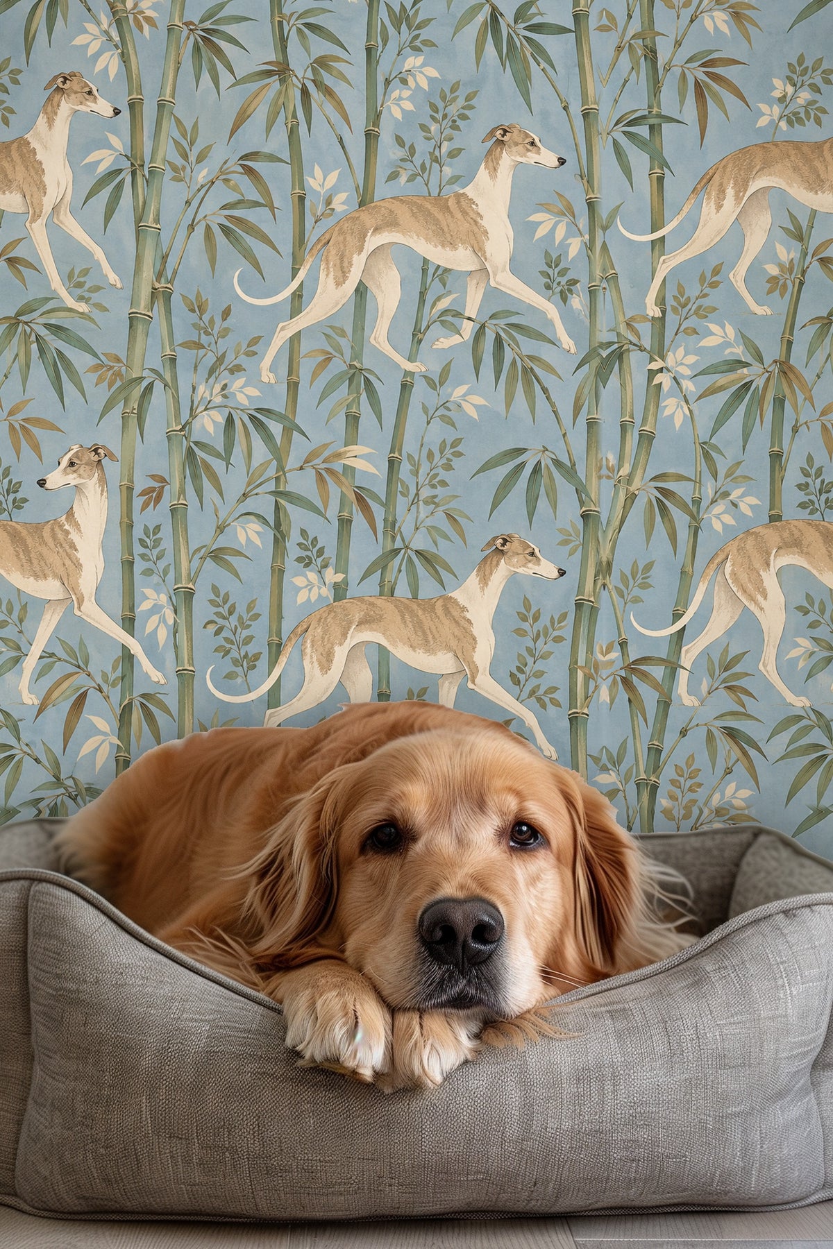 Golden retriever resting in dog bed with the whippet bamboo wallpaper behind